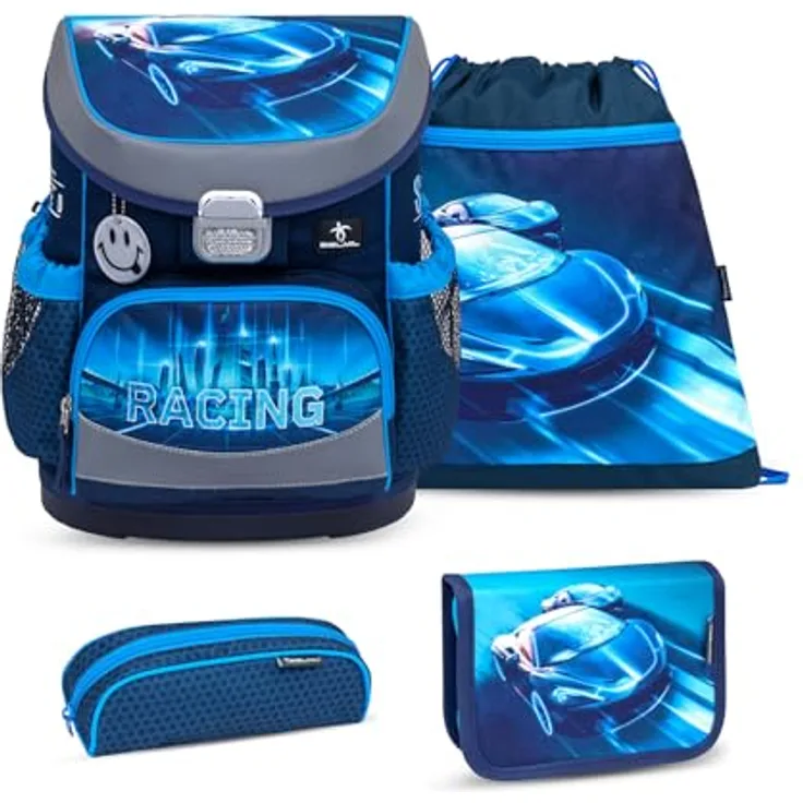 Belmil Mini-Fit Schulranzen Set 4 -teilig (405-33/AG/S) (Racing Blue Neon 2) - Leichter Schulranzen für Erstklässler, ergonomisch und wasserdicht