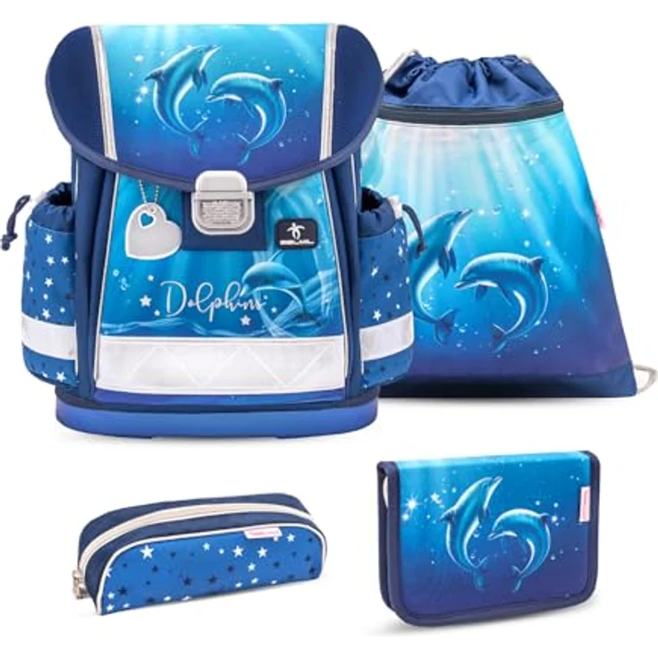 Belmil Classy Schulranzen Set 4-teilig (403-13/AG/S), ergonomischer Schulranzen mit Brustgurt, 19 L, wasserdichtes Polyester, Design Dolphins 2025 – Bild 1