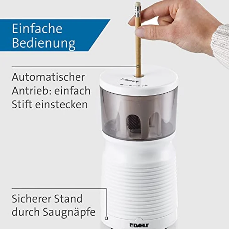 Dahle Elektrische Spitzmaschine 210 (Anspitzer für Stiftdurchmesser 8 mm – 11 mm, Kindersicher nach GS-Standards) Weiß, 20,7 x 10,3 x 10,3 – Bild 3
