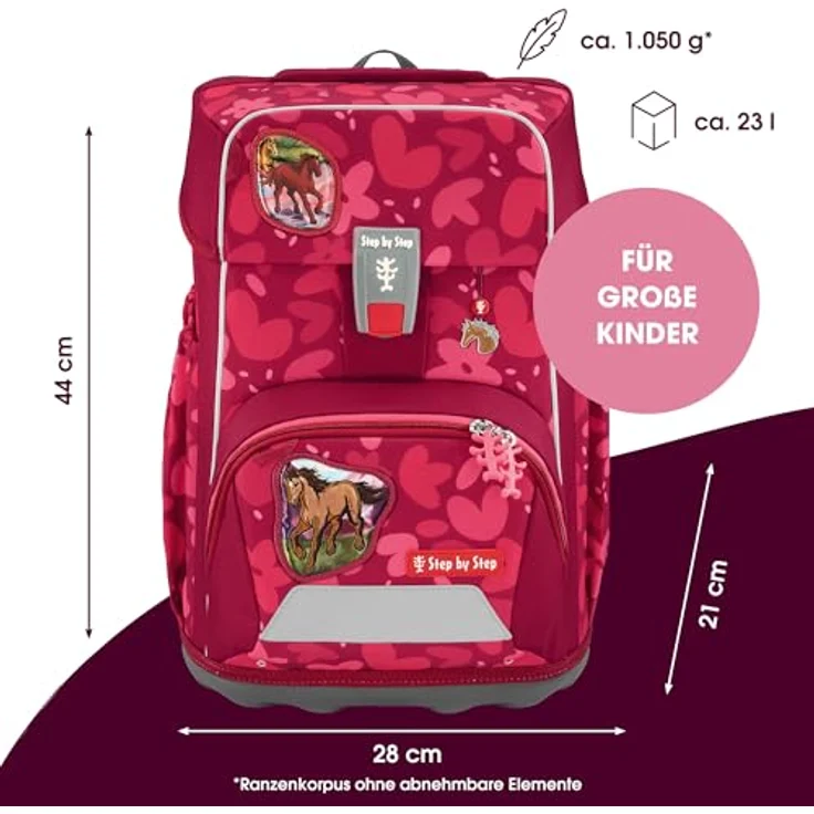 Step by Step Giant Schulranzen-Set „Wild Horse Nora“, 5-teilig, ergonomischer Ranzen mit Reflektoren, höhenverstellbar, rot, für Mädchen ab der 1. Klasse, 23 Liter – Bild 2