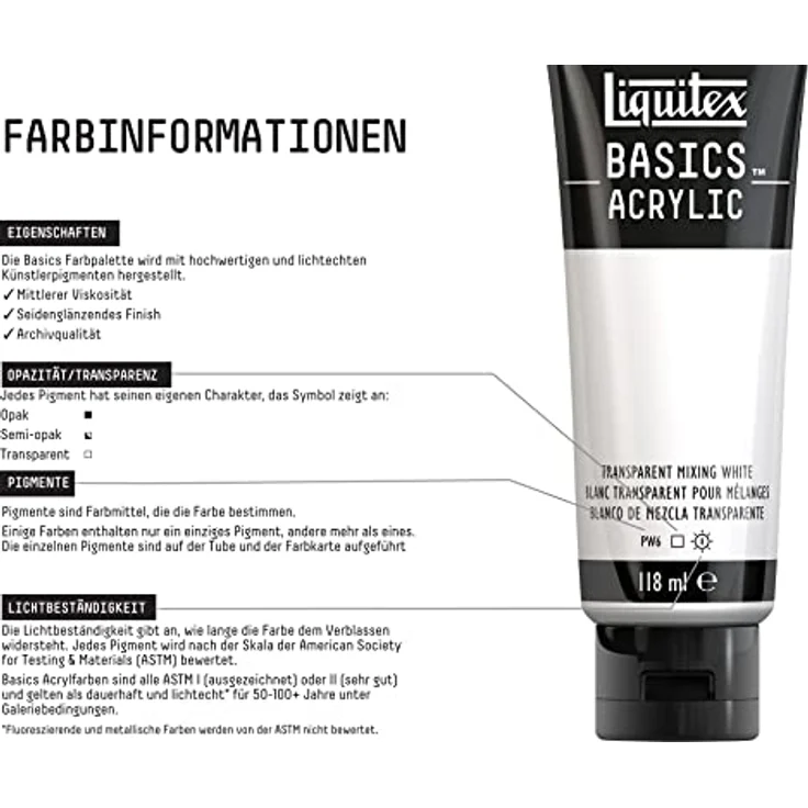 Liquitex Basics Acrylfarbe Mischweiß Transparent, 118ml Tube, lichtecht, mittlere Viskosität, seidenglänzend, monopigmentiert, Archivqualität – Bild 3