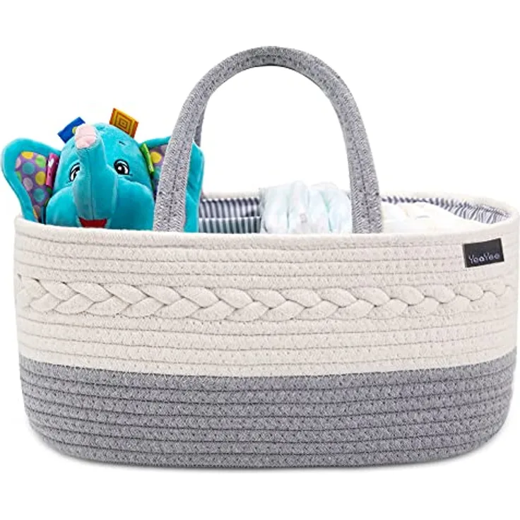 YeaYee Baby Windel Caddy Organizer, multifunktionale Aufbewahrungsbox aus 100% Baumwoll-Leinen mit wechselbaren Fächern, farblich neutral, 36,1 x 22,1 x 18 cm, ideal als Babyparty-Geschenk