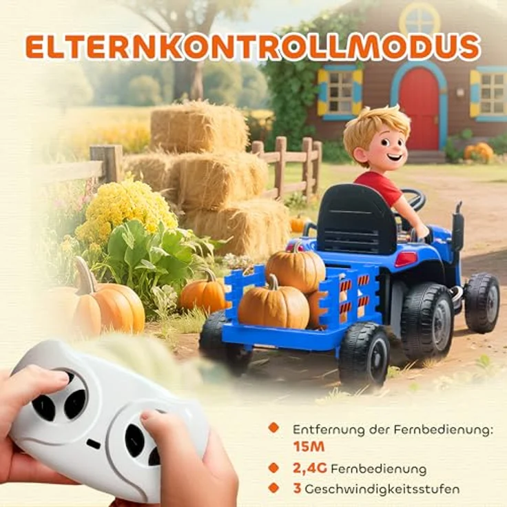 AIYAPLAY Elektrischer Kinder Traktor mit Anhänger, 2 Motoren, Fernbedienung, 3-Gang, Musik und Hupe, Sanftstart, für 3-8 Jahre, Blau – Bild 5