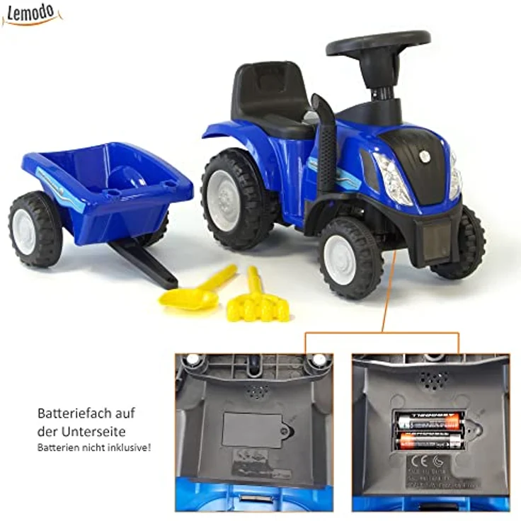 NATIV Rutschauto Traktor ab 1 Jahr | Kinderauto mit Anhänger | Rutschfahrzeug mit Schaufel und Rechen | Kinderfahrzeug in blau | Rutscher mit Soundtasten und Licht | Lizenziertes Kinderspielzeug – Bild 2