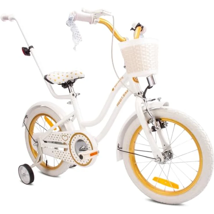 sun baby Mädchenfahrrad 16 Zoll Heart Bike, Abnehmbare Schubstange, für Mädchen von 2 bis 6 Jahre (Weißgold) – Bild 1