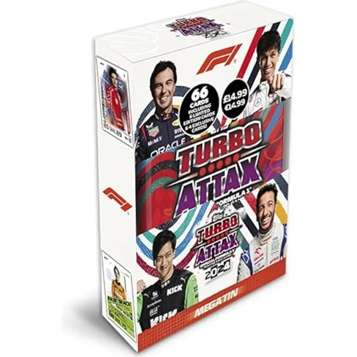 Topps Turbo Attax Formel 1 2024, Mega Tin Revved Up mit 66 Karten, einschließlich 6 LE's und 4 exklusiven Revved Up-Karten
