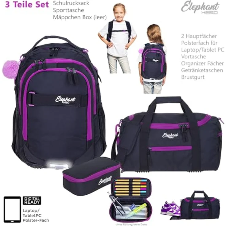 Elephant HERO Signature 2, 3 Teile Set Schulrucksack Lila mit Laptopfach, Sporttasche und Mäppchen – Bild 2