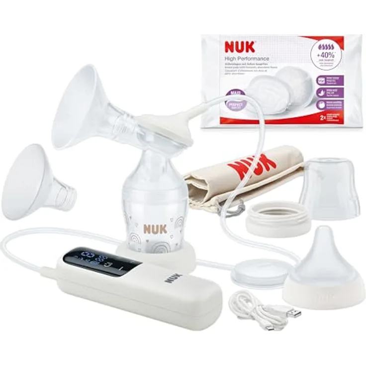 NUK Soft & Easy elektrische Milchpumpe | Brustaufsätze aus 100 % Silikon | Klein, leicht und leise | Akku für unterwegs | 24 mm & 27 mm Brustaufsätze | 1x Perfect Match Babyflasche