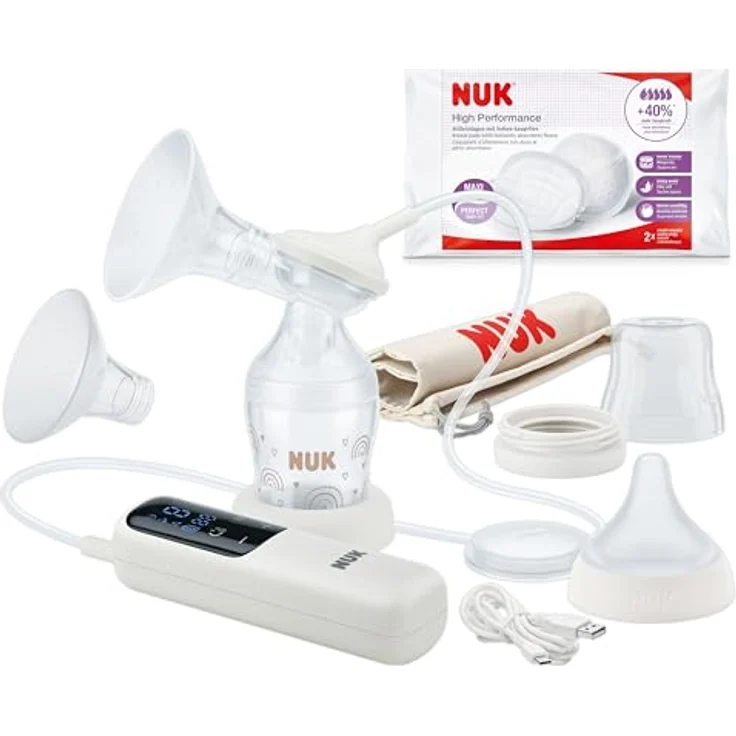 NUK Soft & Easy elektrische Milchpumpe | Brustaufsätze aus 100 % Silikon | Klein, leicht und leise | Akku für unterwegs | 24 mm & 27 mm Brustaufsätze | 1x Perfect Match Babyflasche – Bild 1
