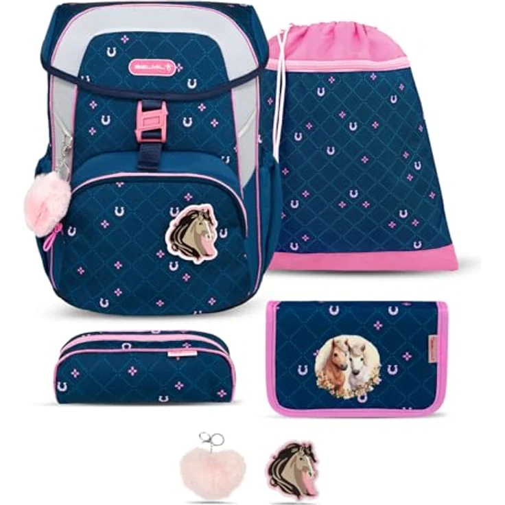 Belmil Maxi Schulranzen Set 5-teilig mit Brustgurt, ergonomisch, wasserabweisend, 22 L, für 1.-3. Klasse (Meet Your Horses) – Bild 1