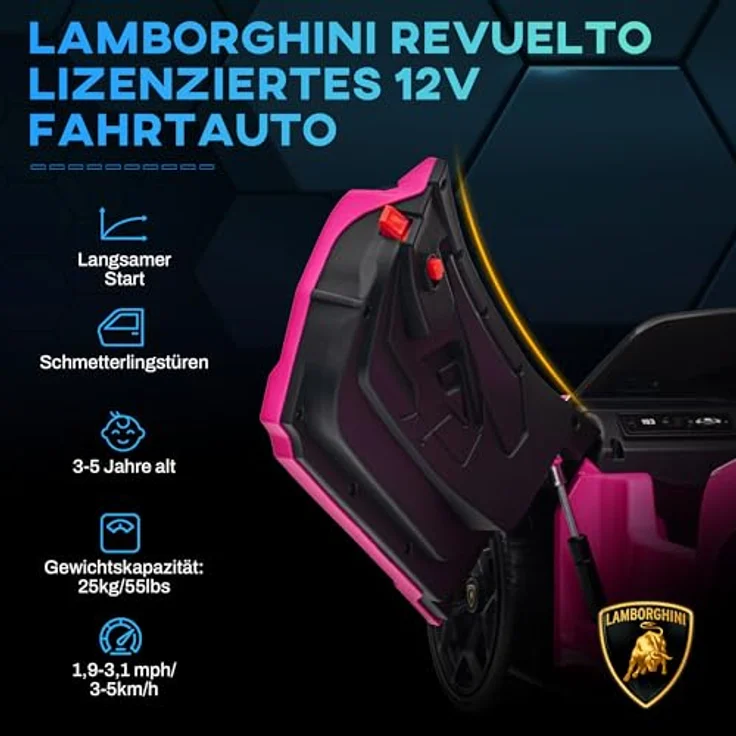 AIYAPLAY Elektro-Kinderauto 12V, mit 2,4G Fernbedienung, Musik, Leuchte, USB/MP3-Anschluss, Belastbarkeit 25 kg, (1-tlg), bis 5 km,h, für Kinder 3-5 Jahre, Rosa – Bild 3