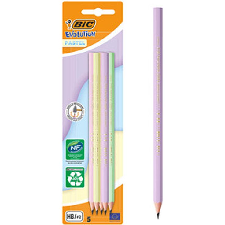 BIC EVOLUTION PASTEL Bleistifte HB, bruchfeste Mine, 5 St. in lila, grün, gelb, rosa