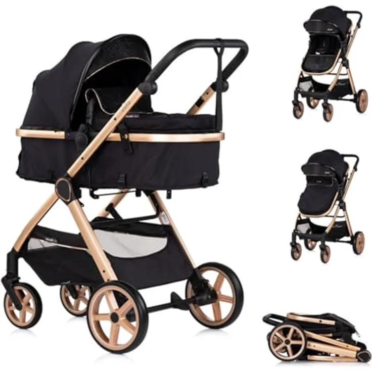 Chipolino Kombikinderwagen Vista 2 in 1, mit Wickeltasche, Fußabdeckung, verstellbare Rückenlehne, schwarz