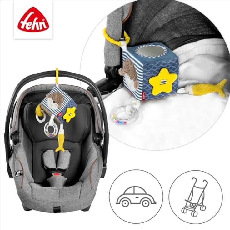 Fehn Greifspielzeug Otter Theo, Activity-Würfel mit Befestigungsring, Motorik-Spielzeug für Babys ab 0+ Monaten, 10 x 10 cm, inkl. Rasselring und Softbeiß-Element – Bild 5
