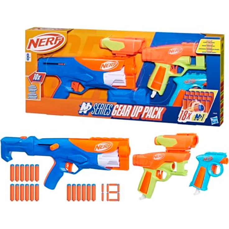 NERF N Series Gear Up Pack, 3 Blaster, 18 Nerf N1 Darts, nur kompatibel mit Nerf N Series Blastern
