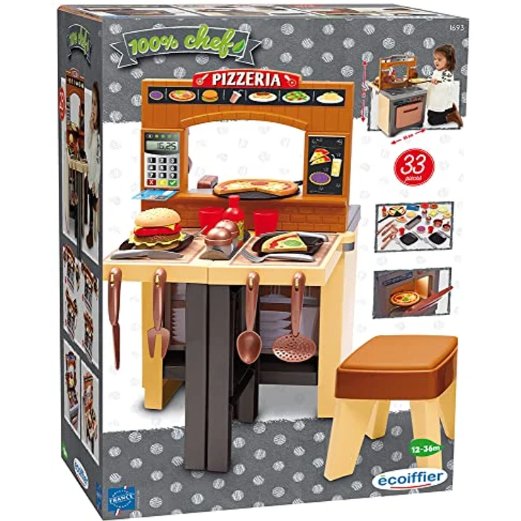 Ecoiffier 2in1 Spielküche Pizzeria, variable Kinderküche mit 32-teiligem Zubehör, inkl. Hocker, für Kinder ab 18 Monaten – Bild 2
