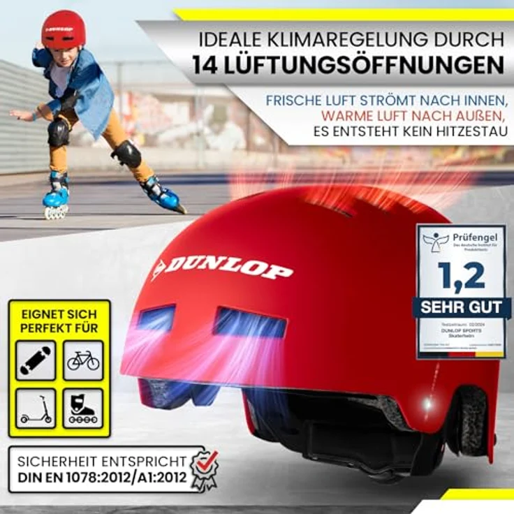 Dunlop Sports Fahrradhelm Urban Cool Pro - Test Sehr Gut - Leicht & Robust, 14-Fach Belüftet, Schnellverschluss, Auto Kopfanpassung (Rot, S 48-53cm) – Bild 5