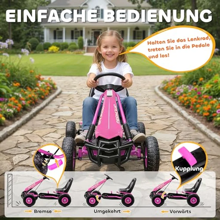 AIYAPLAY Go-Kart Tretauto, mit Handbremse und verstellbarem Sitz, für Kinder 3-8 Jahre, rosa, Pedalantrieb – Bild 3