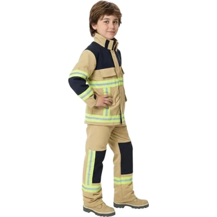 Maskworld Realistisches sandfarbenes Feuerwehrmann-Kostüm für Kinder, 2-teilig mit Jacke und Hose, Größe 104, Verkleidung Karneval und Halloween – Bild 2