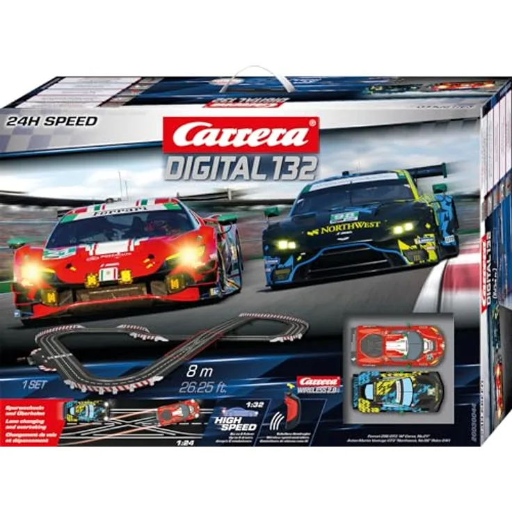 Carrera Digital 132 24h Speed Rennbahn-Set mit BMW M4 GT3 und Aston Martin Vantage GT3, für bis zu 6 Spieler, ab 8 Jahren