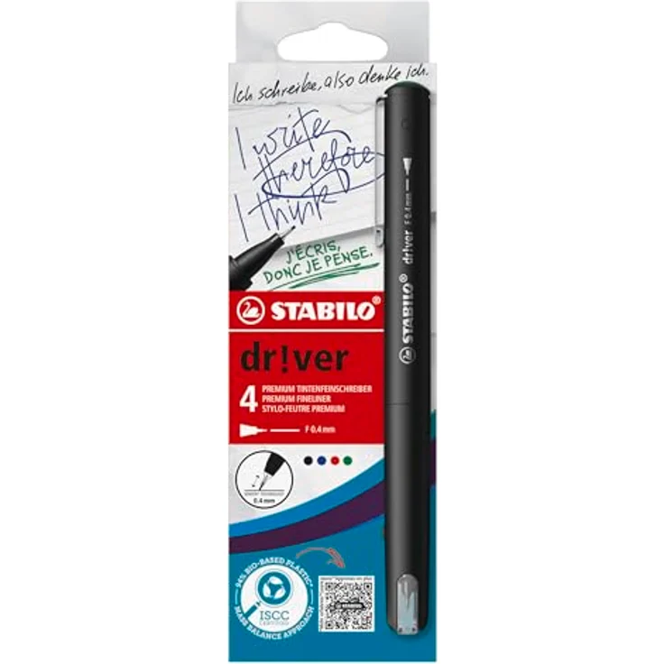 STABILO dr!ver Fineliner-Set, 4er Set in schwarz, rot, blau und grün, 0,4 mm Strichstärke, gefederte Spitze, gummierter Griff, biobasierter Kunststoff – Bild 1