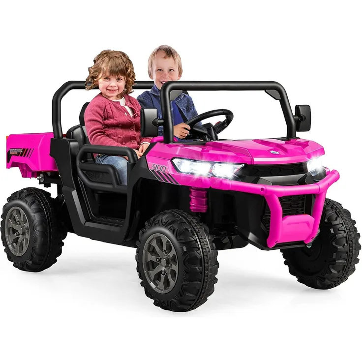KOMFOTTEU Kinder Elektroauto, 2-Sitzer mit Kippbett, Fernbedienung, Musik & Scheinwerfer, 12V Fahrzeug mit Slow-Start-Funktion & Sicherheitsgurt, rosa