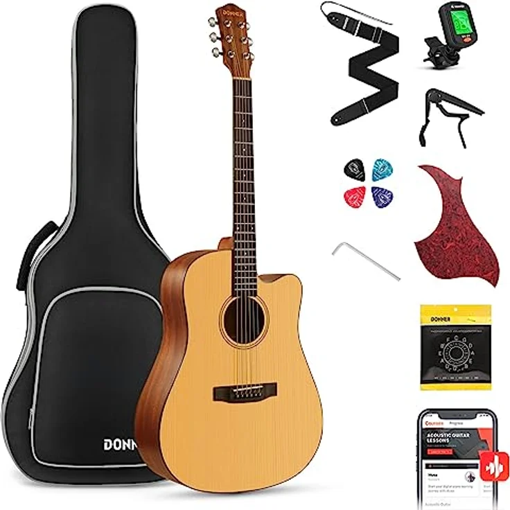 Donner Akustik Gitarre 4/4 Anfänger Erwachsene Akustikgitarre Cutaway Einsteiger Kit 41 Zoll voller Größe Gitarren Starter Mahagoni Fichte mit 6 Saiten Tasche Capo Plektren Gurt – Bild 1