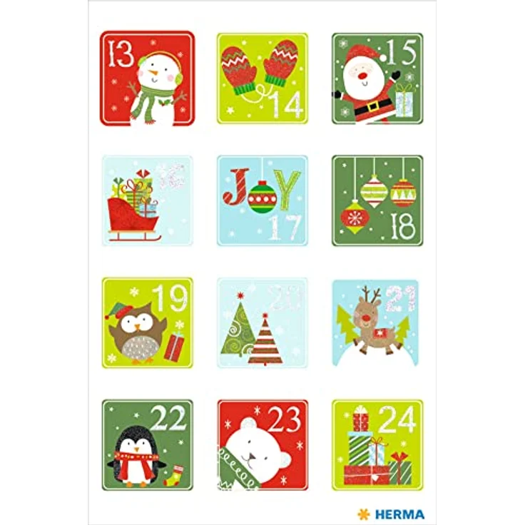 HERMA 15188 Aufkleber Zahlen 1-24 Glitzer, 24 Stück, Weihnachtssticker mit festlichen Motiven für Adventskalender und DIY Deko – Bild 3
