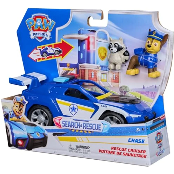 Paw Patrol PAW Search & Rescue Vehicle Chase, Pullback-Fahrzeugset mit Polizeiauto und Figuren, 15 cm, inkl. Chase und Waschbär – Bild 8