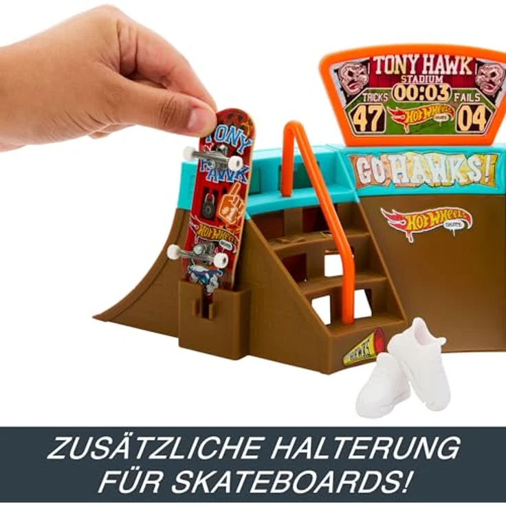 Hot Wheels Skate Stadion-Set mit exklusivem Fingerboard, das in Zusammenarbeit mit Tony Hawk entworfen wurde, 1 Paar abnehmbare Skate-Schuhe, Spielzeugaufbewahrung für Finger-Skateboards - HPG34 – Bild 6