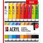 Marabu Acrylfarben Set Basic, 18 x 36 ml, wasserbasis, schnell trocknend, wasserfest und lichtecht, seidenmatte Universal-Farben