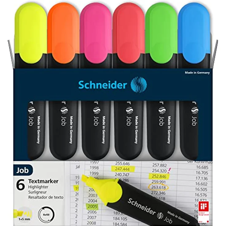 Schneider Job 150 Textmarker (nachfüllbar und lichtbeständig) 6er Etui gelb, orange, rosa, grün, blau, rot – Bild 2