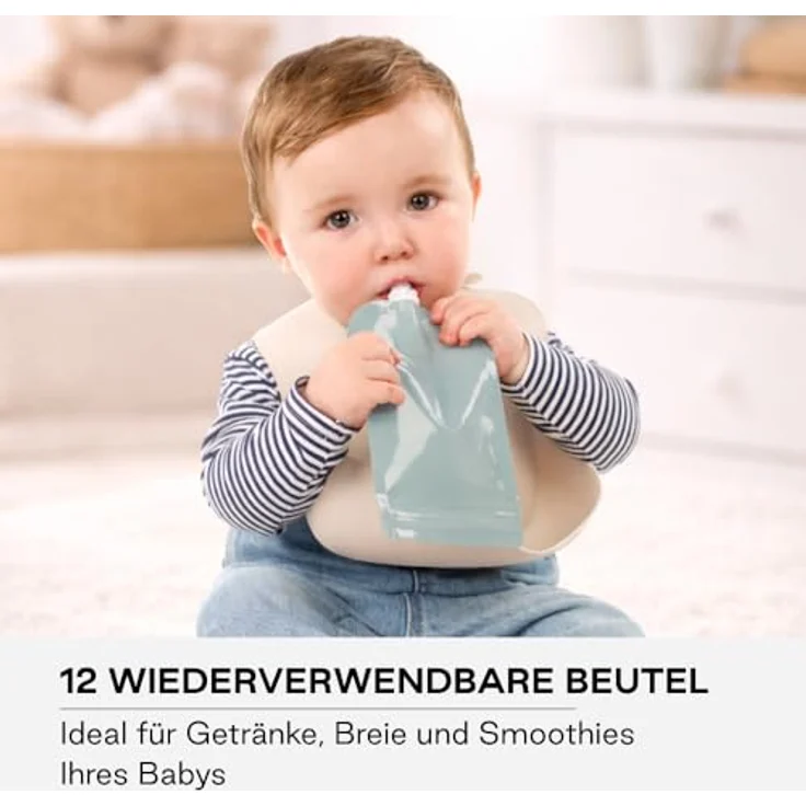 Jané Wiederverwendbare Quetschbeutel 200 ml, 12 Stück, BPA-frei, spülmaschinen- und gefriergeeignet, mit Sichtfenster – Bild 2