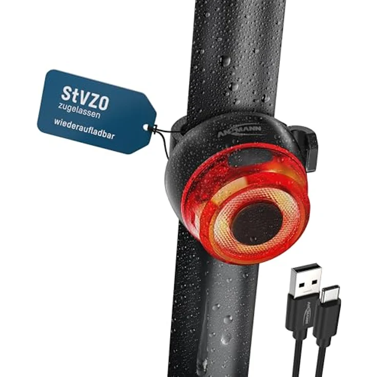 ANSMANN Fahrrad-Rücklicht StVZO zugelassen, CREE LED, IPX5 geschützt, wiederaufladbar über USB, schwarz, 1 Stück – Bild 1