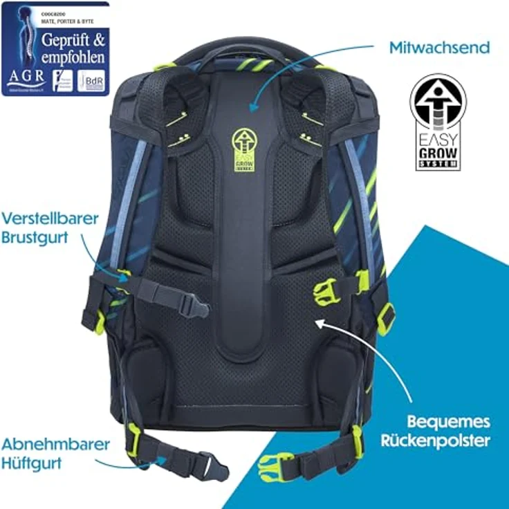 coocazoo Schulrucksack MATE, Ergonomischer Rucksack mit Easy-Grow-System, Farben: Fast Lime und Blau, Volumen: 30 l – Bild 4