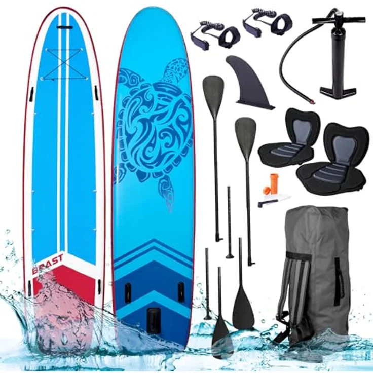 BRAST® SUP Board Family | Aufblasbares Stand up Paddle Set XXL | 370x87x15cm bis 210kg | inkl. Zubehör 2X Kajak-Sitz 2X Fußschlaufe 2X Paddel Pumpe Rucksack | Turtle – Bild 1