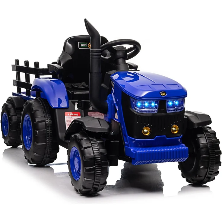 Garvee Elektrischer Traktor mit Anhänger 12V, Aufsitztraktor mit 35W Doppelmotortechnologie, Fernbedienung, Geschwindigkeiten 3-6 km/h und LED Musik Hupe, Blau
