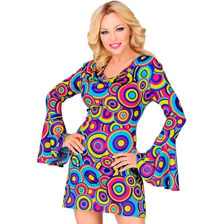 W WIDMANN MILANO Party Fashion 70er Jahre Kostüm, Kleid in XL mit Trompetenärmeln für Hippie, Reggae und Disco Fever