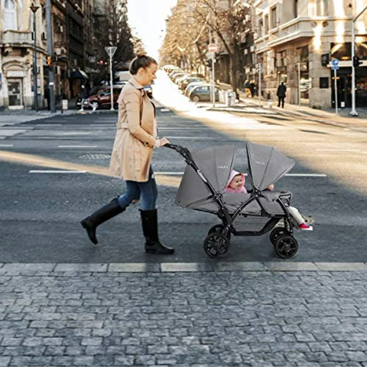 DREAMADE Geschwisterwagen 2 in 1, Doppelkinderwagen baby und kleinkind, Zwillingswagen Faltbar, Babywagen mit Doppelsitz, kinderwagen für 2 kinder, Grau – Bild 3