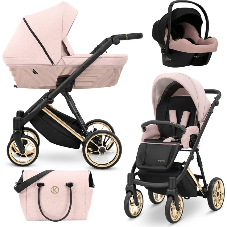 Kunert Ivento Premium 3in1 Kinderwagen, Rosa mit Goldrahmen, große geländetaugliche Räder, Zubehör inklusive