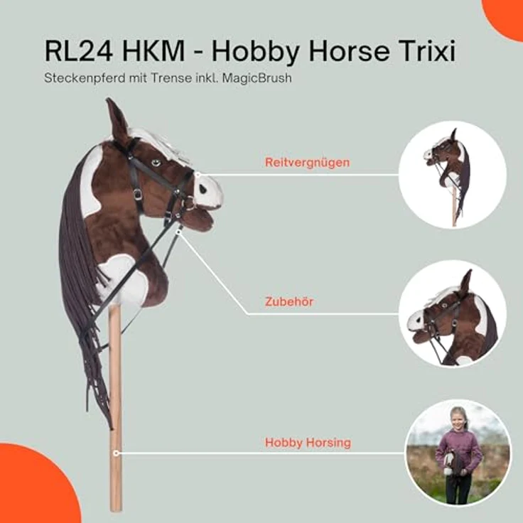 RL24 Hobby Horse Trixi, Steckenpferd aus Plüsch mit Holzstock, langer Mähne und Trense, braun/weiß, ohne Griffe & Rollen für Hobby Horsing – Bild 3