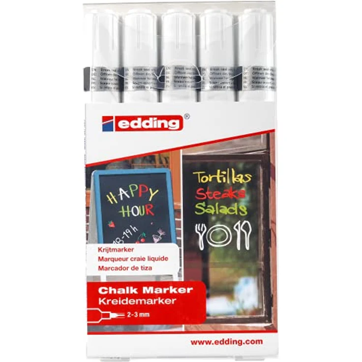 edding 4095 Kreidemarker Set - weiß - 5 Kreidestifte - Rundspitze 2-3 mm - Kreidestift für Tafel abwischbar - zum Beschriften von Fenster, Glas, Spiegel - Tafelstift mit deckenden Farben – Bild 2