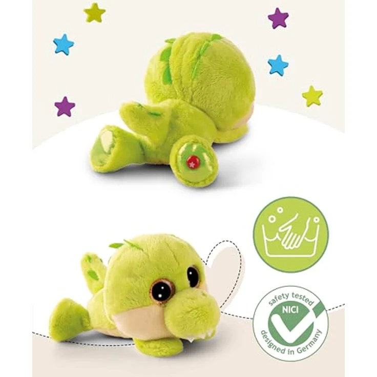 Nici Kuscheltier Glubschis, Krokodil Groggo-Li, flauschig, hellgrün, 15 cm liegend mit goldglitzernden Augen – Bild 3