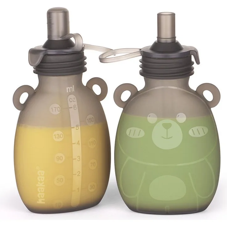 Haakaa Quetschies Happy Bear, 2er Set wiederverwendbare Babyflasche aus 100 % Silikon, 170ml