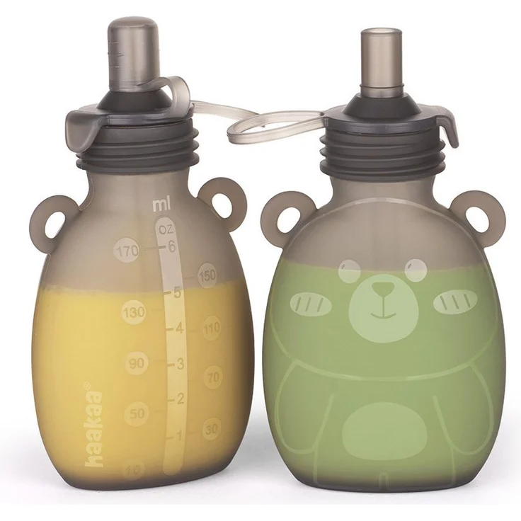 Haakaa Quetschies Happy Bear, 2er Set wiederverwendbare Babyflasche aus 100 % Silikon, 170ml