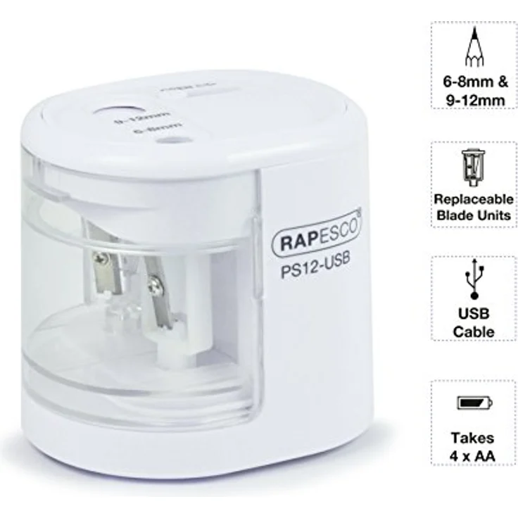 RAPESCO PS12-USB, Elektrischer Anspitzer in Weiß mit Dual-Antrieb und Auto-Stopp-Funktion, geeignet für Stifte 6-12mm – Bild 2
