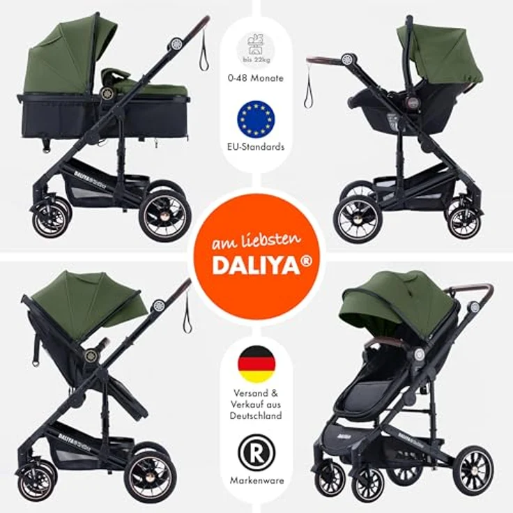 Daliya® NEOMOVE 3in1 Kinderwagen, Buggy & i-Size Babyschale | Alu-Rahmen | Faltbare Konstruktion | Pannensichere PU-Reifen | Großer Einkaufskorb | Stadt & Gelände (Schwarz-Olivgrün) – Bild 2