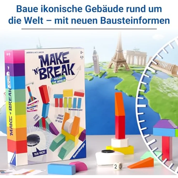 Ravensburger Make 'n' Break - Around The World, temporeiches Geschicklichkeitsspiel für 2-5 Spieler, ab 7 Jahren, mit neuen Bauwerk-Aufgaben und Teamherausforderungen – Bild 3
