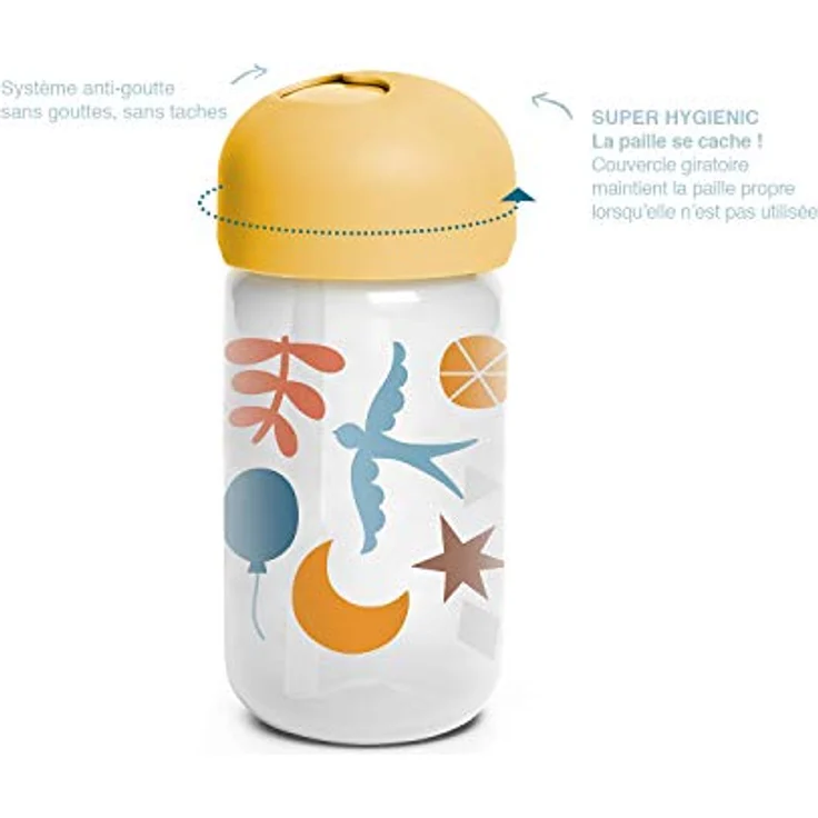 Suavinex 401207 Trinkbecher Baby Training Cup, auslaufsicher mit flexiblem Silikonstrohhalm, Tropfschutz, Waldfarbe Gelb, 340 ml, ab 18 Monaten – Bild 2