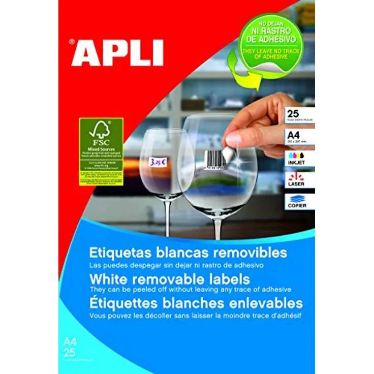 APLI Etikett 25,4x10mm ILK ws 4725St RUNDE ECKEN WIEDERABLÖSBAR mit ablösbarer Klebung - DIN A4
